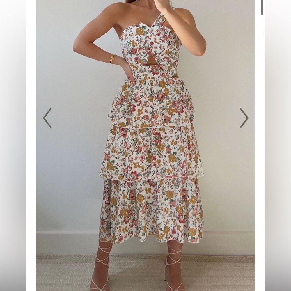 Showpo White Floral Tiered Midi Dress with Pink and Mustard Flowers